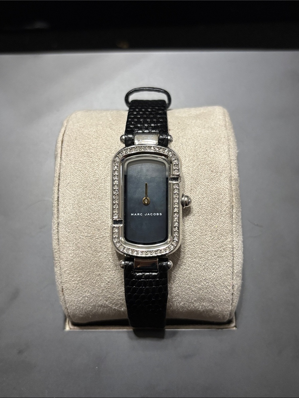 Marc Jacobs Black Leather Strap Silver Crystal-Trim Rectangular Watch